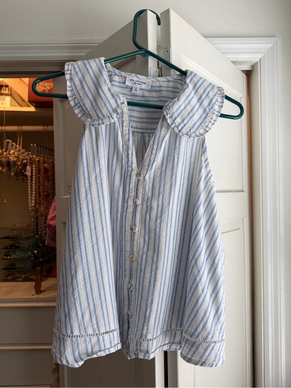 eesome Blue & White Striped Sleeveless Button Front Top with Peter Pan Collar